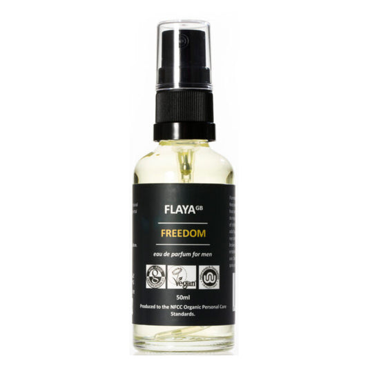 Flaya Freedom Eau De Parfum For Men in a clear glass spray bottle with a black spray lid and clear lid. 