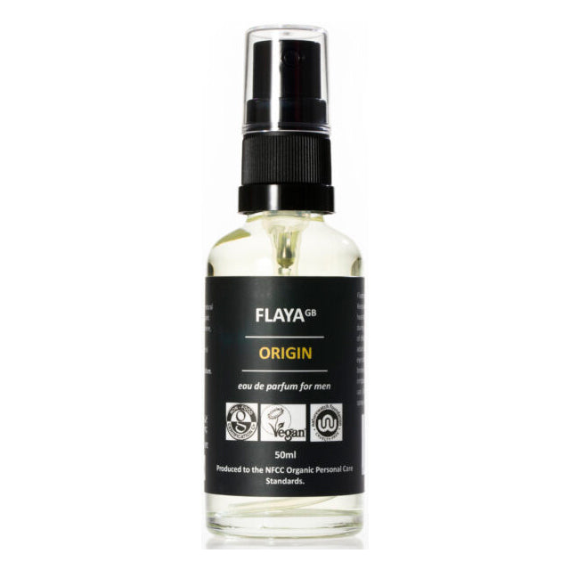 Flaya Origin Eau De Parfum For Men in a clear glass bottle with a black spray lid and a clear lid over the top.