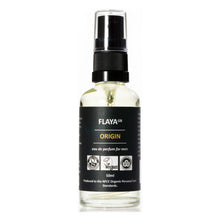 Flaya Origin Eau De Parfum For Men in a clear glass bottle with a black spray lid and a clear lid over the top.