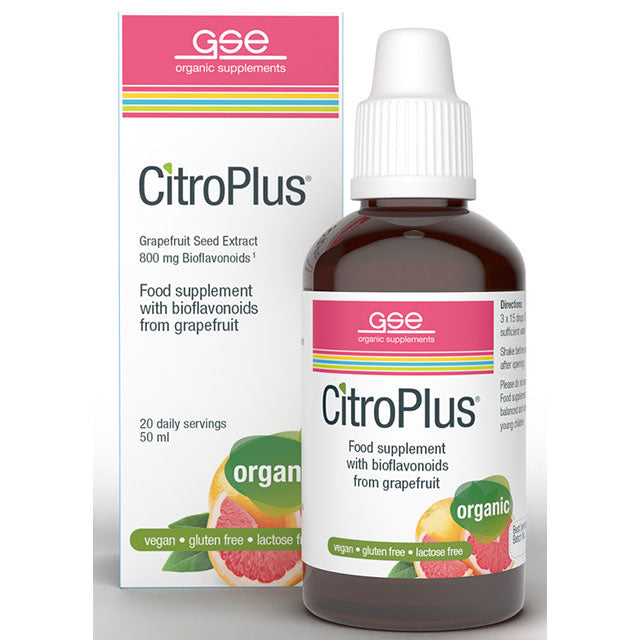 GSE Organic Supplements Citro Plus Grapefruit Seed Extract. In a brown glass bottle in a box 