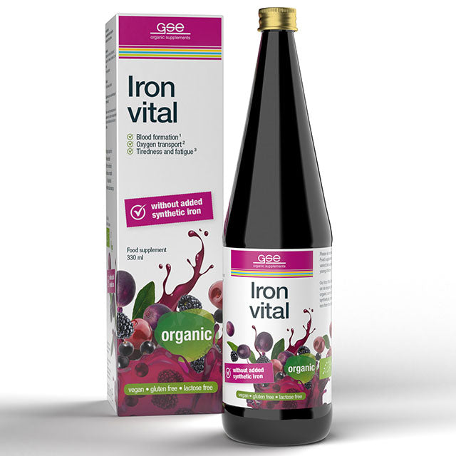 GSE Organic Supplement Iron Vital is in a brown glass bottle with a screw top lid in a cardboard box. 