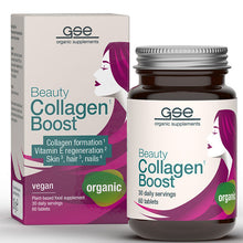 GSE Organic Supplement Beauty Collagen Boost. 60 tablets in a brown glass jar with a screw top lid in a cardboard box.