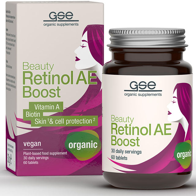 GSE Organic Supplements Beauty Retional AE Boost. 60 tablets in a brown glass jar with a screw top lid in a cardboard box 