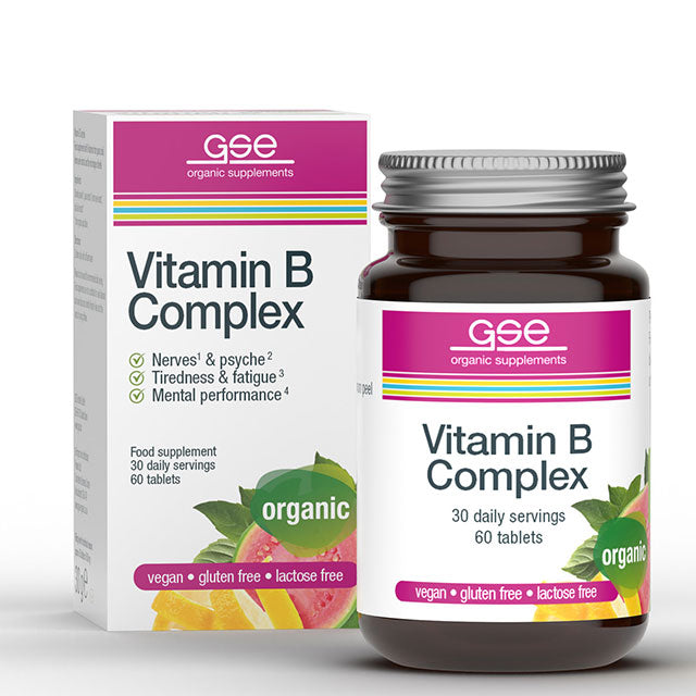 GSE Organic Supplements Vitamin B Complex is in a brown glass jar with a silver screw top lid in a cardboard box 