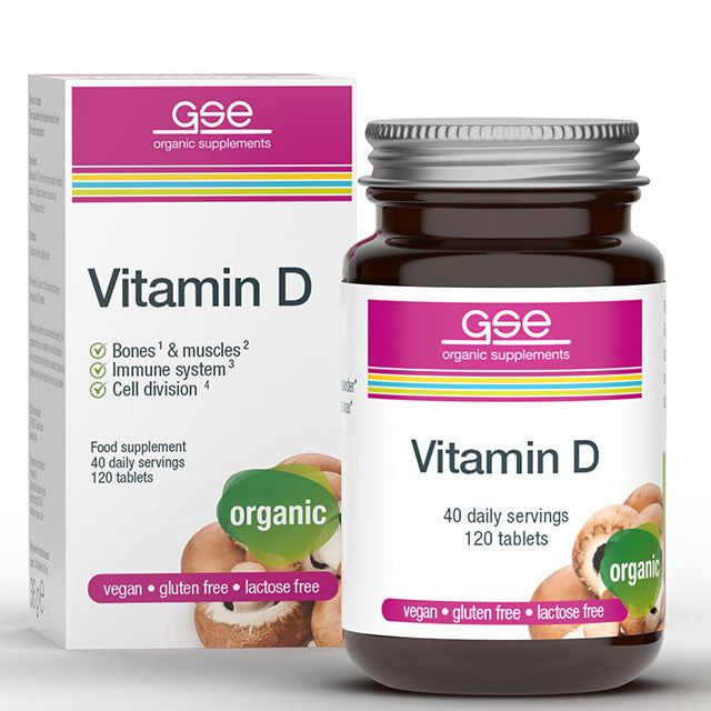 GSE Organic Supplements Vitamin D tablets are in a brown glass jar with a screw top lid in a box. 