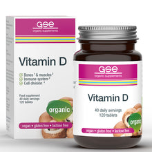 GSE Organic Supplements Vitamin D tablets are in a brown glass jar with a screw top lid in a box. 