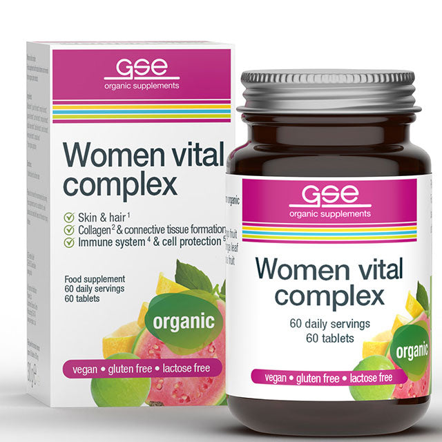 GSE Organic Supplements Women Vital Complex. 60 tablets in a brown glass jar with a screw top lid in a cardboard box. 