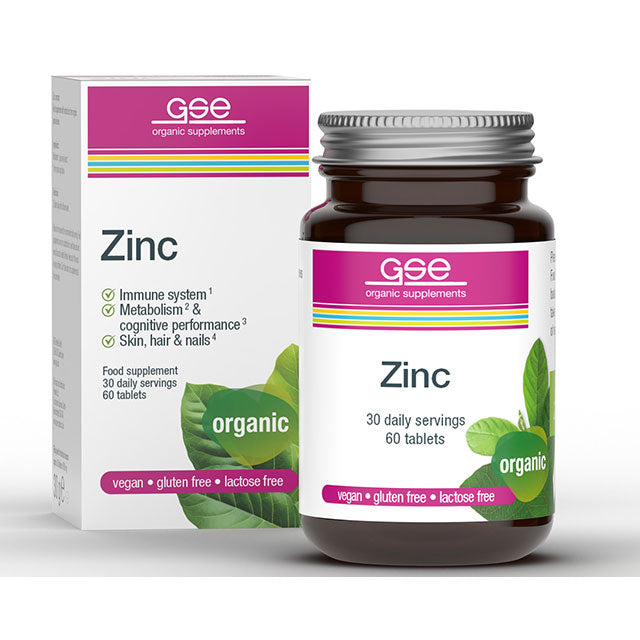 GSE Organic Supplements Zinc tablets are in a brown glass jar with a screw top lid. In a  box.