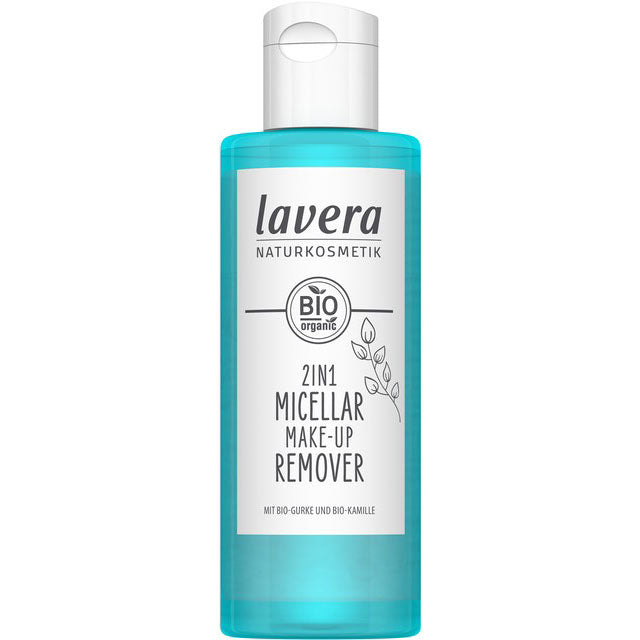 Lavera 2 in 1 Micellar Make-Up Remover is in a plastic bottle with a flip top lid