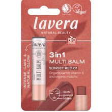 Lavera 3 in 1 Multi Balm Sunset Red 01 in a red blister pack on a white background
