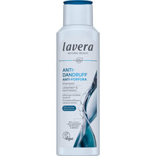 lavera Anti Dandruff Shampoo is in a light blue squeezy plastic bottle wioth a dark blue filp top lid on a whiate background.