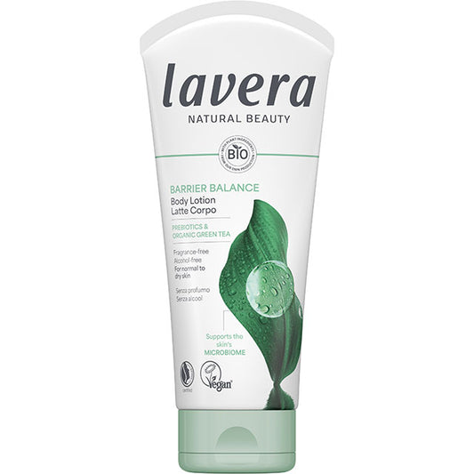 Lavera Barrier Balance Body Lotion is in a white tube with a green leaf and a green flip top, on a white background