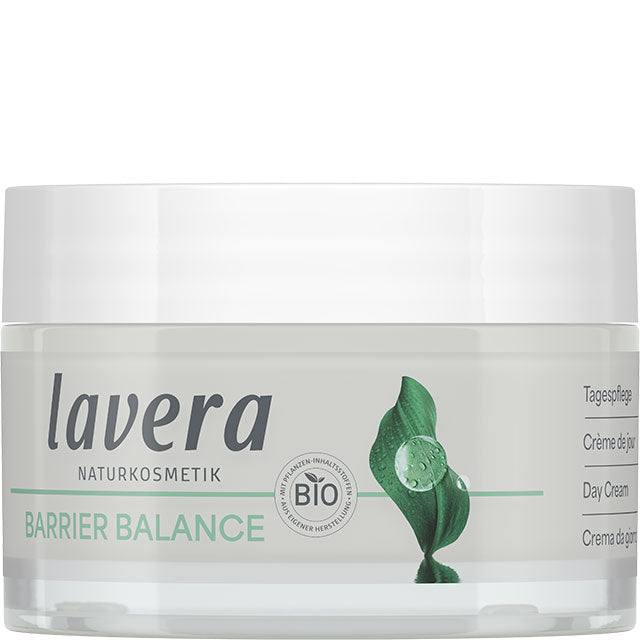 Lavera Barrier Balance Day Cream with prebiotics and organic green tea in a glass jar  made with a minium of 30% used glass