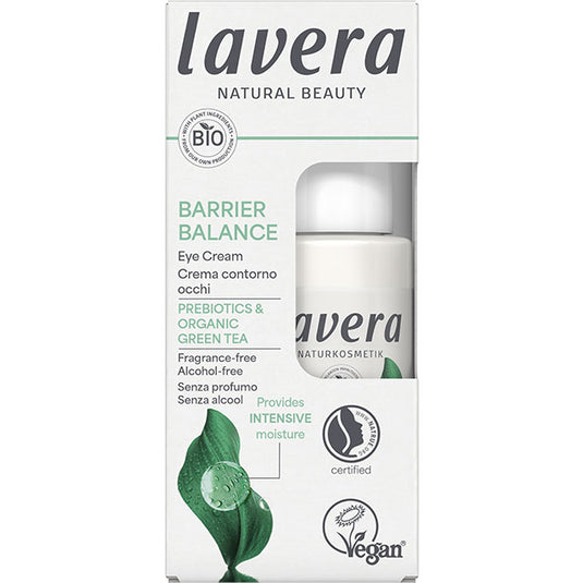lavera Barrier Balance Eye Cream with prebiotics and organic green tea in a recycled cardboard box with a cut out front showing the bottle 