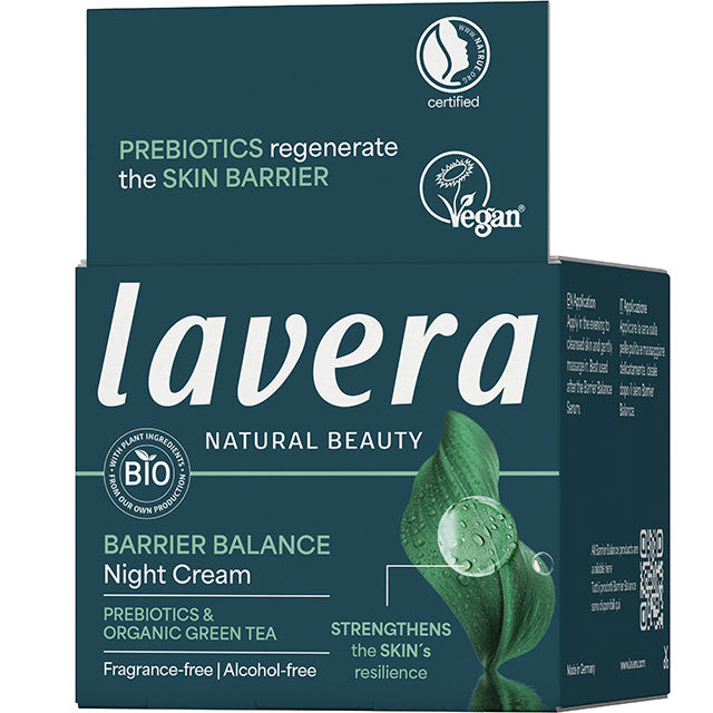 Lavera Barrier Balance Night Cream with prebiotics and organic green tea in a dark green box 