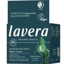 Lavera Barrier Balance Night Cream with prebiotics and organic green tea in a dark green box 