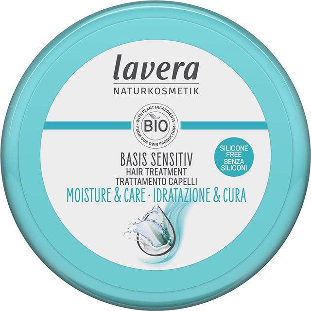 Lavera basis Sensitiv Moisture and Care Hair Treatment in a blue and white tub 