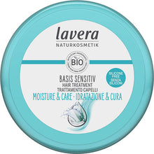 Lavera basis Sensitiv Moisture and Care Hair Treatment in a blue and white tub 