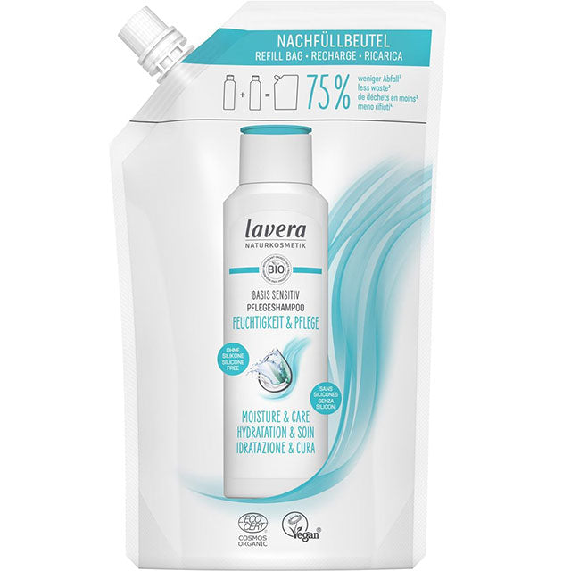 lavera Basis Sensitive Moisture and Care Shampoo Refill 75% less waste in a plastic pouch