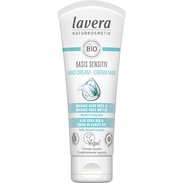 lavera Basis Sensitive Hand Cream with Organic aloe vera and Organic Shea Butter in a plastic tube 