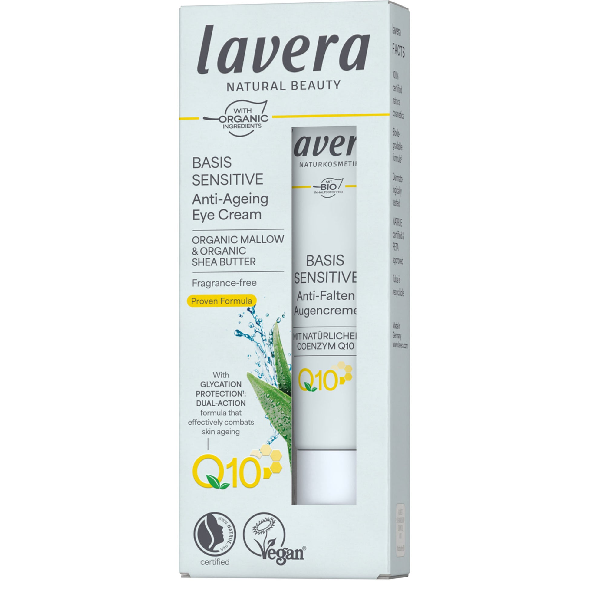 Lavera Basis Sensitive Anti-Ageing Eye Cream is in a pale blue box on a white background