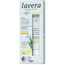 Lavera Basis Sensitive Anti-Ageing Eye Cream is in a pale blue box on a white background