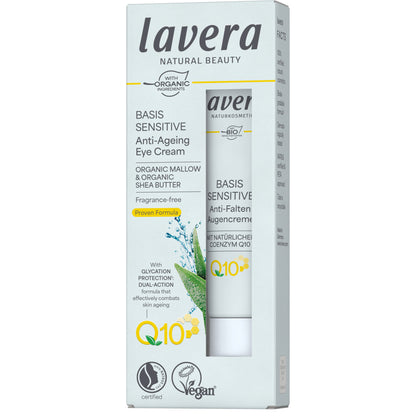 Lavera Basis Sensitive Anti-Ageing Eye Cream is in a pale blue box on a white background