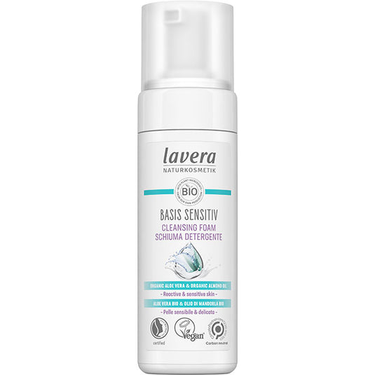 Lavera Basis Sensitive Cleansing Foam with Organic Aloe Vera and Organic Almond Oil for Reactive and Sensitive Skin