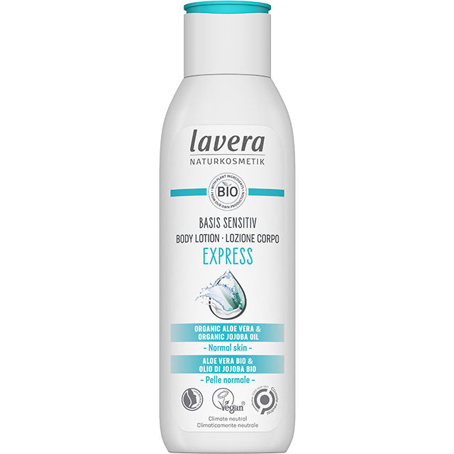 lavera Basis Sensitiv Epress Body Lotion  with organic aloe vera and organic jojoba oil  for normal skin comes in a plastic bttle with a blue and white label with a flip top lid. 