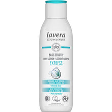 lavera Basis Sensitiv Epress Body Lotion  with organic aloe vera and organic jojoba oil  for normal skin comes in a plastic bttle with a blue and white label with a flip top lid. 