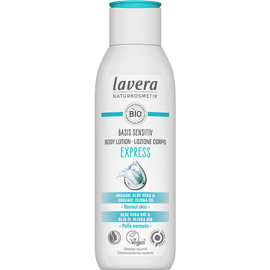 lavera Basis Sensitiv Epress Body Lotion  with organic aloe vera and organic jojoba oil  for normal skin comes in a plastic bttle with a blue and white label with a flip top lid. 