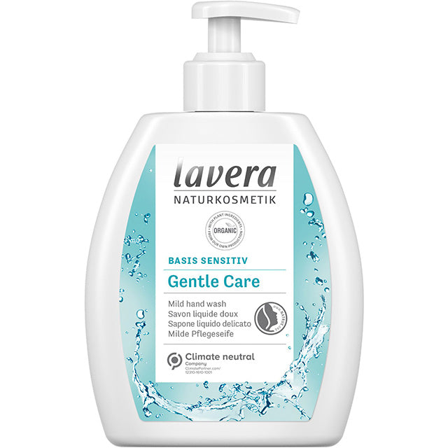 lavera Basis Sensitive Gentle Care Mild Liquid Hand Wash in a white bottle withj a pump