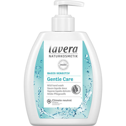 lavera Basis Sensitive Gentle Care Mild Liquid Hand Wash in a white bottle withj a pump