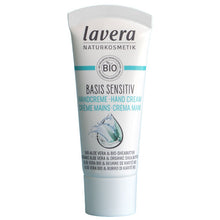 lavera Basis Sensitive Hand Cream with Organic Aloe Vera and Organic Shea Butter in a travel size white tube 