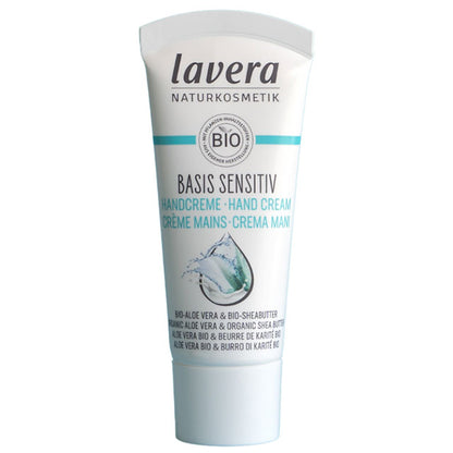 lavera Basis Sensitive Hand Cream with Organic Aloe Vera and Organic Shea Butter in a travel size white tube 