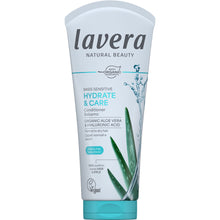 Lavera Basis Sensitive Hydrate & Care Conditioner is in an easy to use white  squeezy tube with a blue flip top lid, with an image of aloe vera plant. On a  white background.