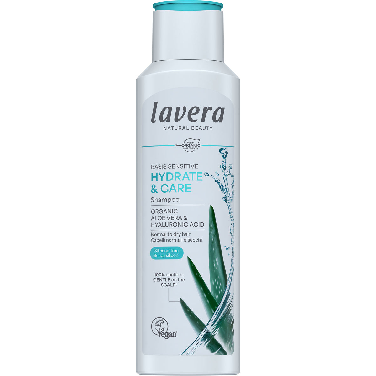 Lavera Basis Sensitive Hydrate & Care Shampoo is in a white bottle with a blue flip top cap  with a blue and white label  showing aloe vera leaves on a white background