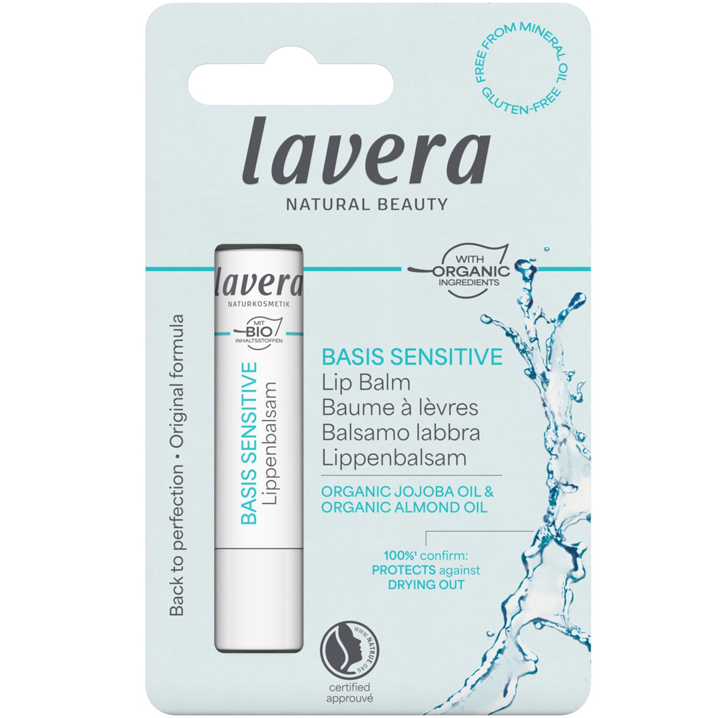 Lavera Bais Sensitive Lip Balm is in a blue blister pack on a white background