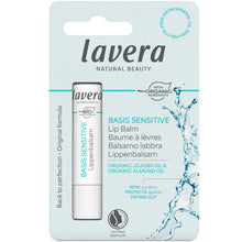 Lavera Bais Sensitive Lip Balm is in a blue blister pack on a white background