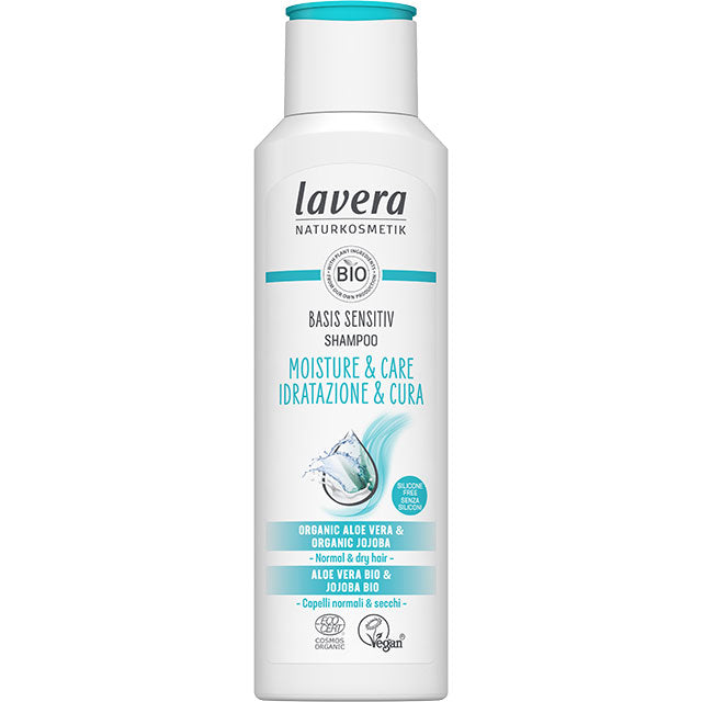Lavera Basis Sensitiv Shampoo Moisture and Care with organic aloe vera and organic jojoba for normal to dry hair. In a recycled plastic bottle with a flip top lid 