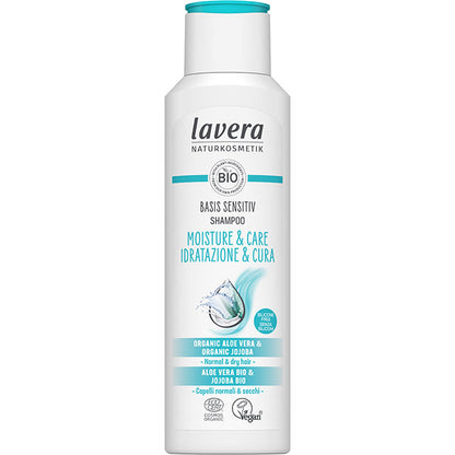 Lavera Basis Sensitiv Shampoo Moisture and Care with organic aloe vera and organic jojoba for normal to dry hair. In a recycled plastic bottle with a flip top lid 