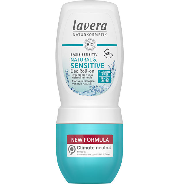 Lavera Basis Sensitiv Natural and Sensitive Deo Roll-On with organic aloe vera and natural minerals in a roll on plastic tube. 