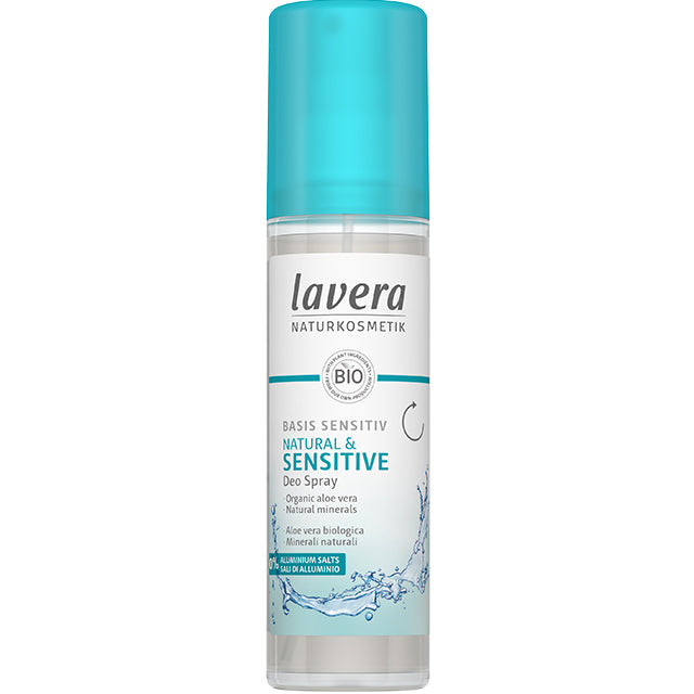 Lavera Basis Sensitive Natural and Sensitive Deo Spray in a glass bottle with a blue recycled cap 