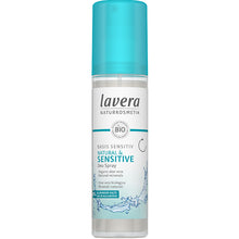 Lavera Basis Sensitive Natural and Sensitive Deo Spray in a glass bottle with a blue recycled cap 