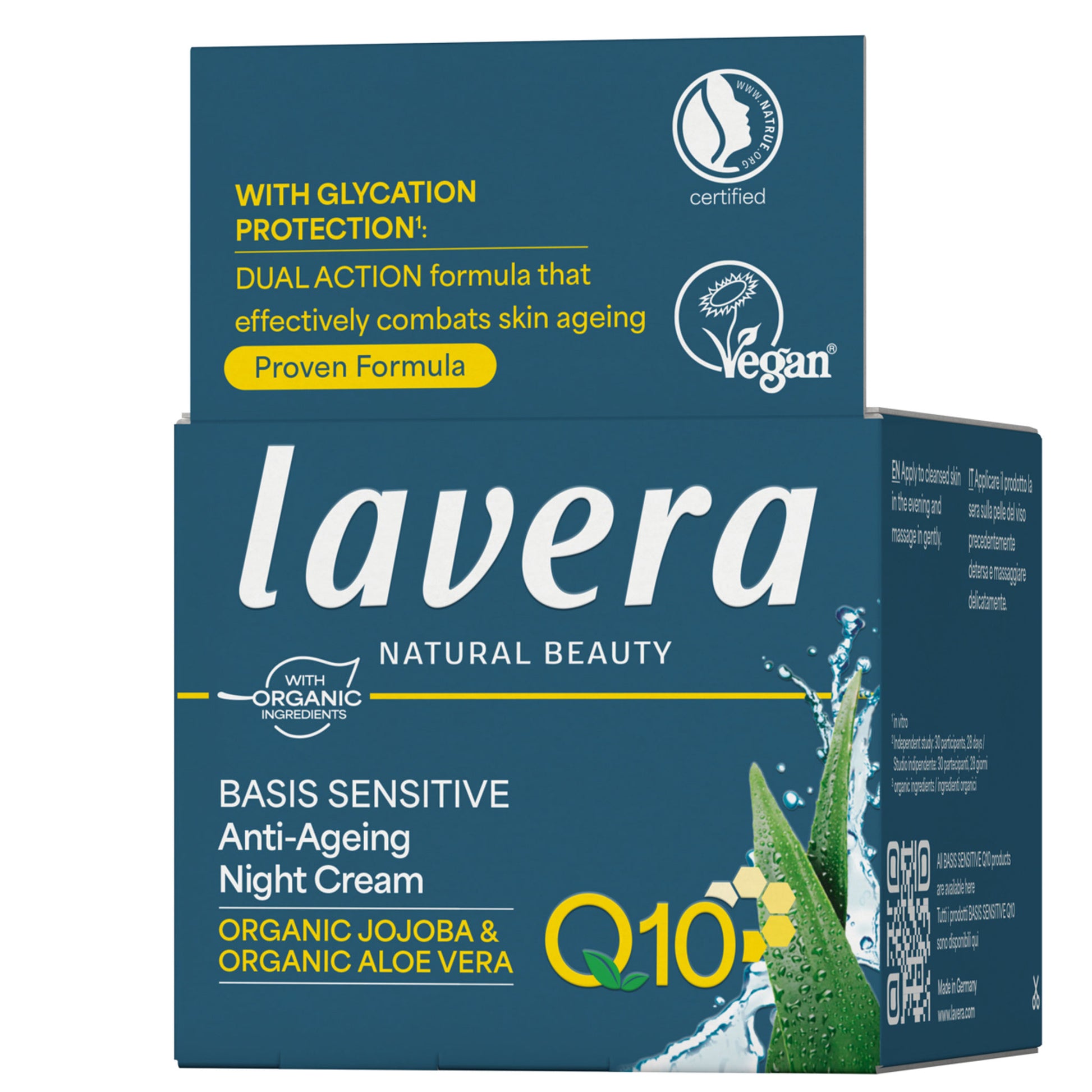 Lavera Basis Sensitive Anti Ageing Night Cream in a blue box on a white background