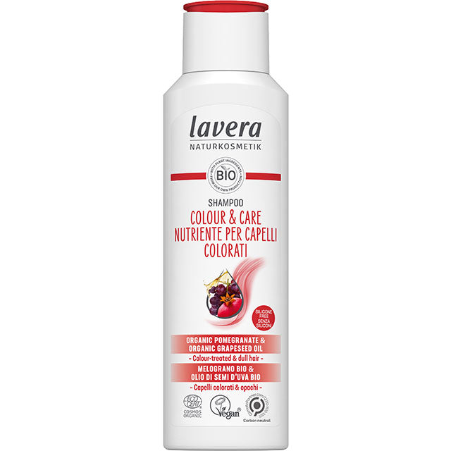 lavera Colour and Care Shampoo for coloured treated and dull hair is in a recycled plastic bottle with flip top lid. 