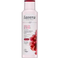 Lavera Colour & Shine Shampoo is in a white bottle with a red flip top lid on a white background