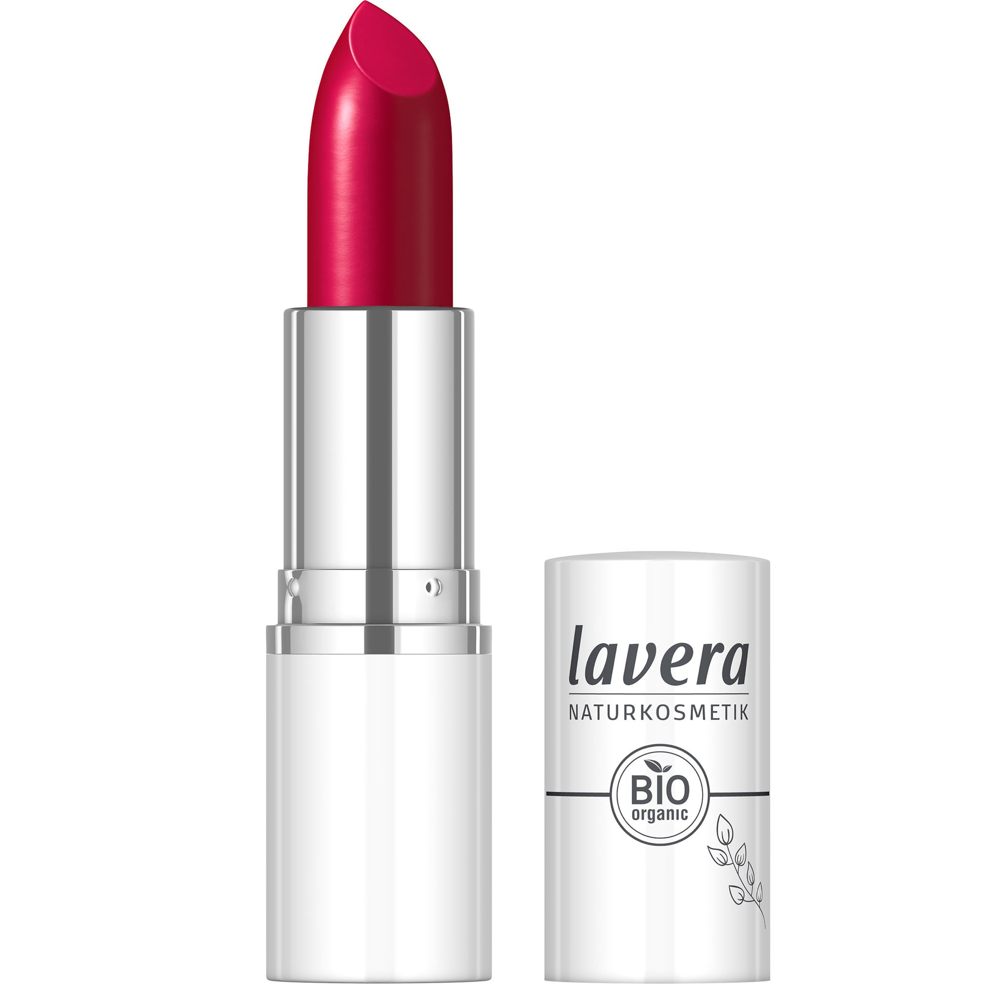 Lavera Cream Glow Lipstick Berry Red in a open lipstick container on a white background