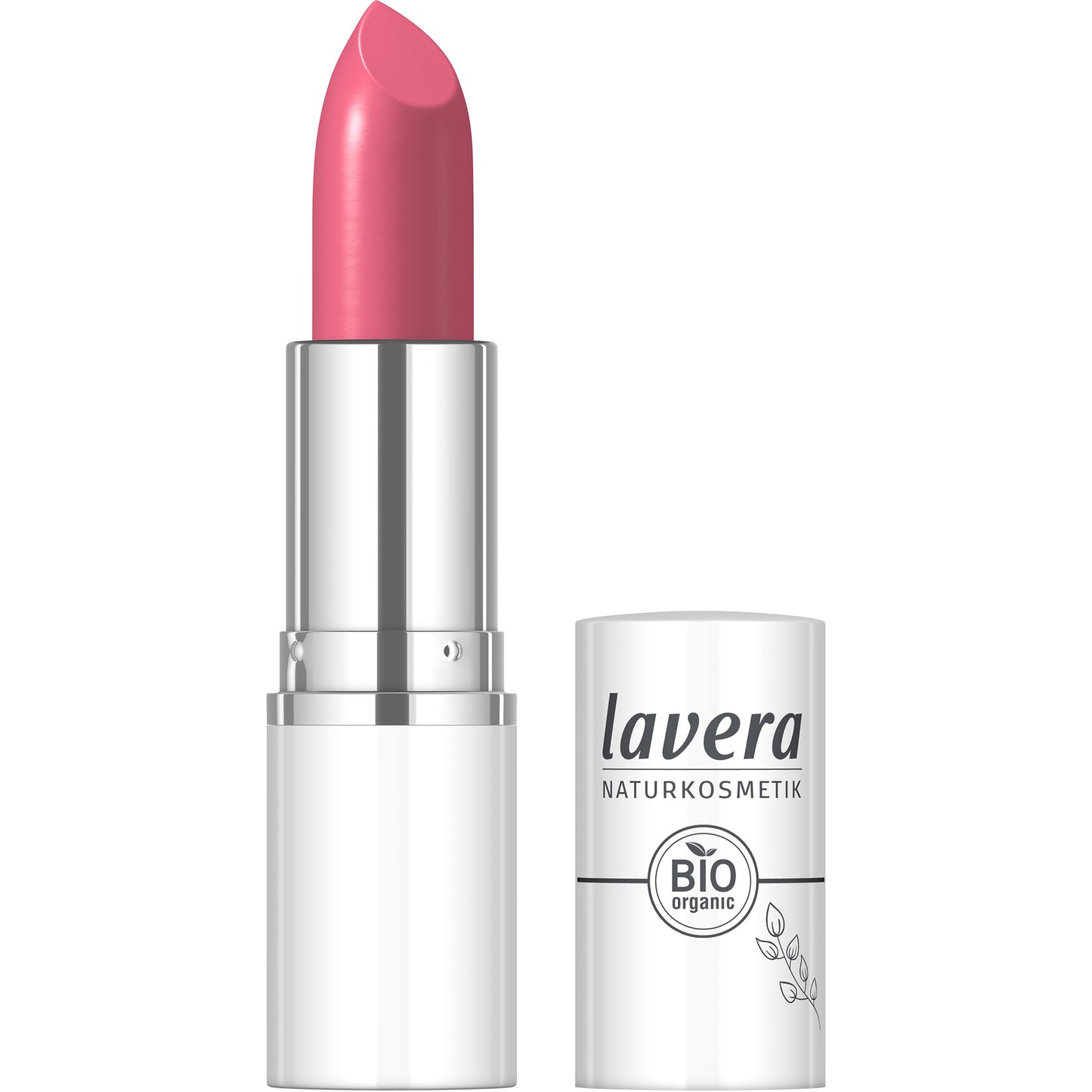 Lavera Cream Glow Lipstick Camellia Rose in a open lipstick case on a white background