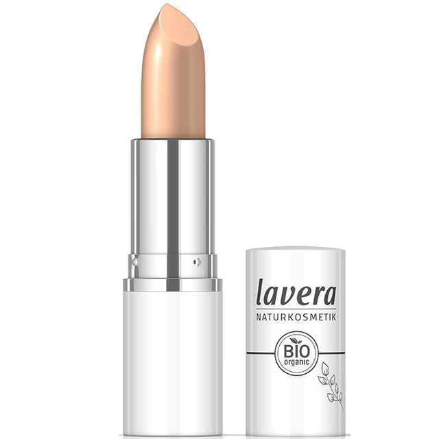 lavera Cream Glow Lipstick peachy Nude 04  is light caramel shade in a lipstick case with a lid